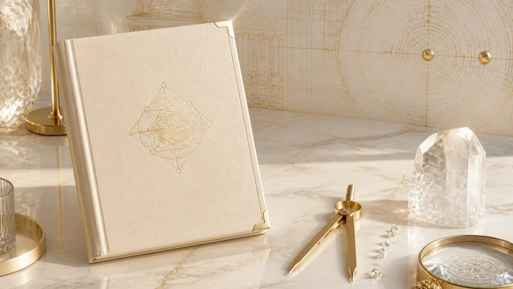 Champagne journal with gold geometric blueprint details, drafting tools, crystal, and diamond accents on a marble desk