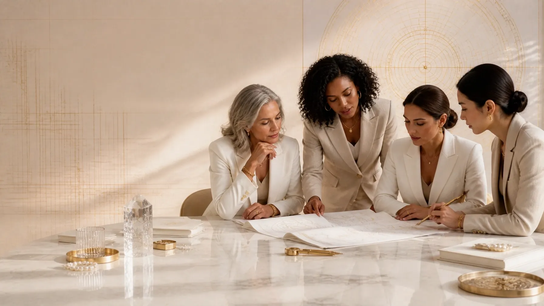 Executive woman reviewing plans with other women around a marble table in a quiet-luxury strategy setting