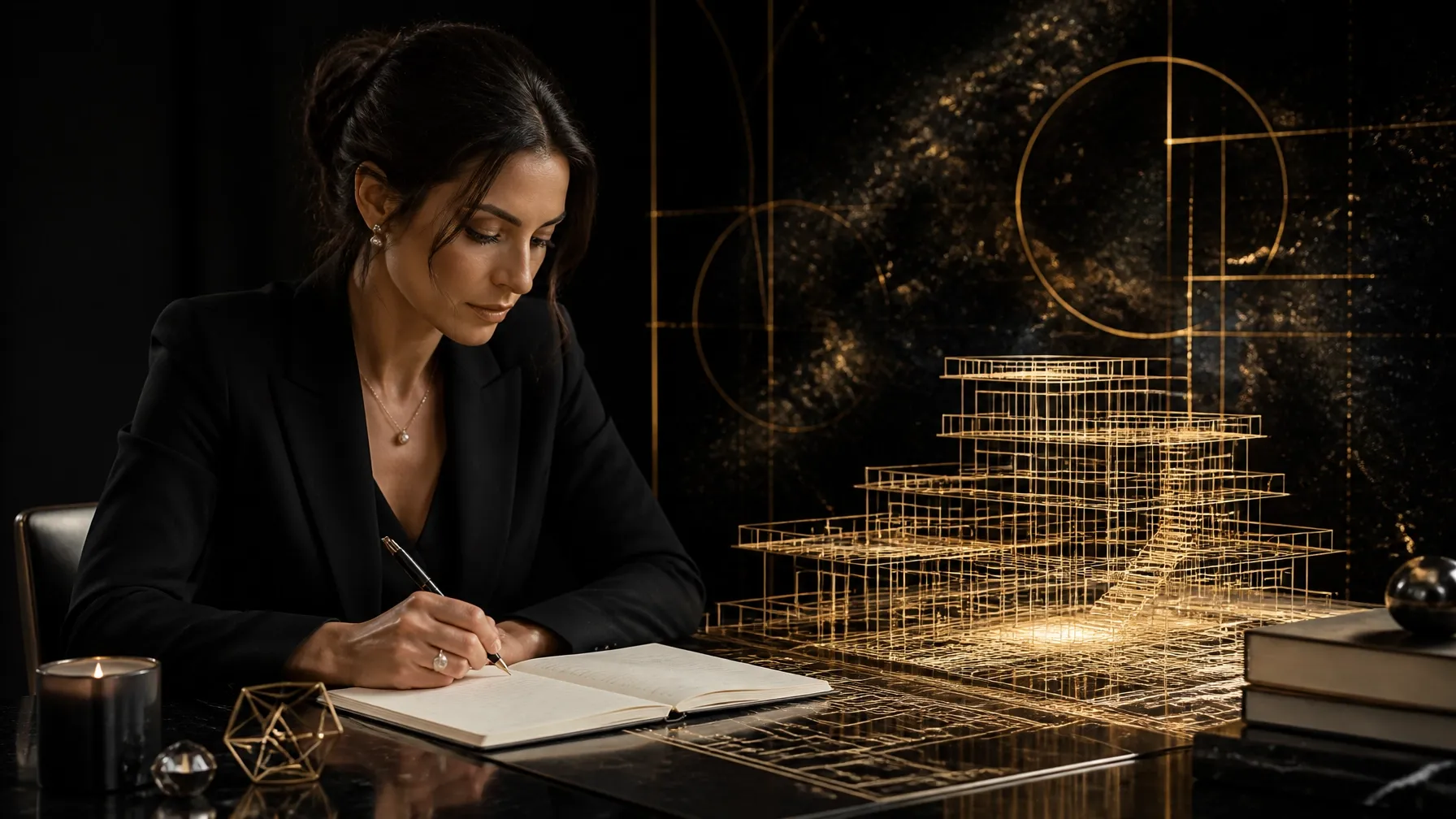 Confident woman in black executive clothing reviewing handwritten notes beside a luminous architectural blueprint structure