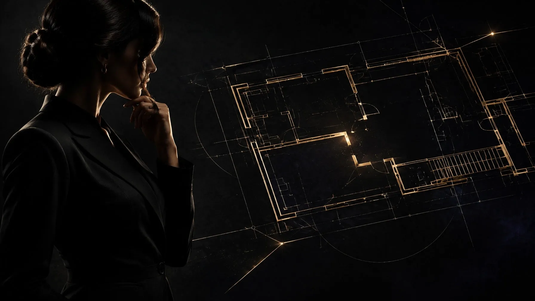 Executive woman studying a dark champagne-gold architectural blueprint with an open break in the structure