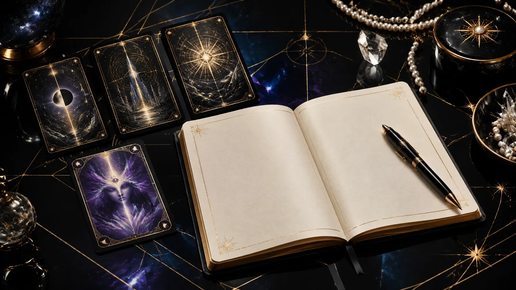 An open, unmarked journal sits beside a small tarot spread and one oracle card on a sleek black desk