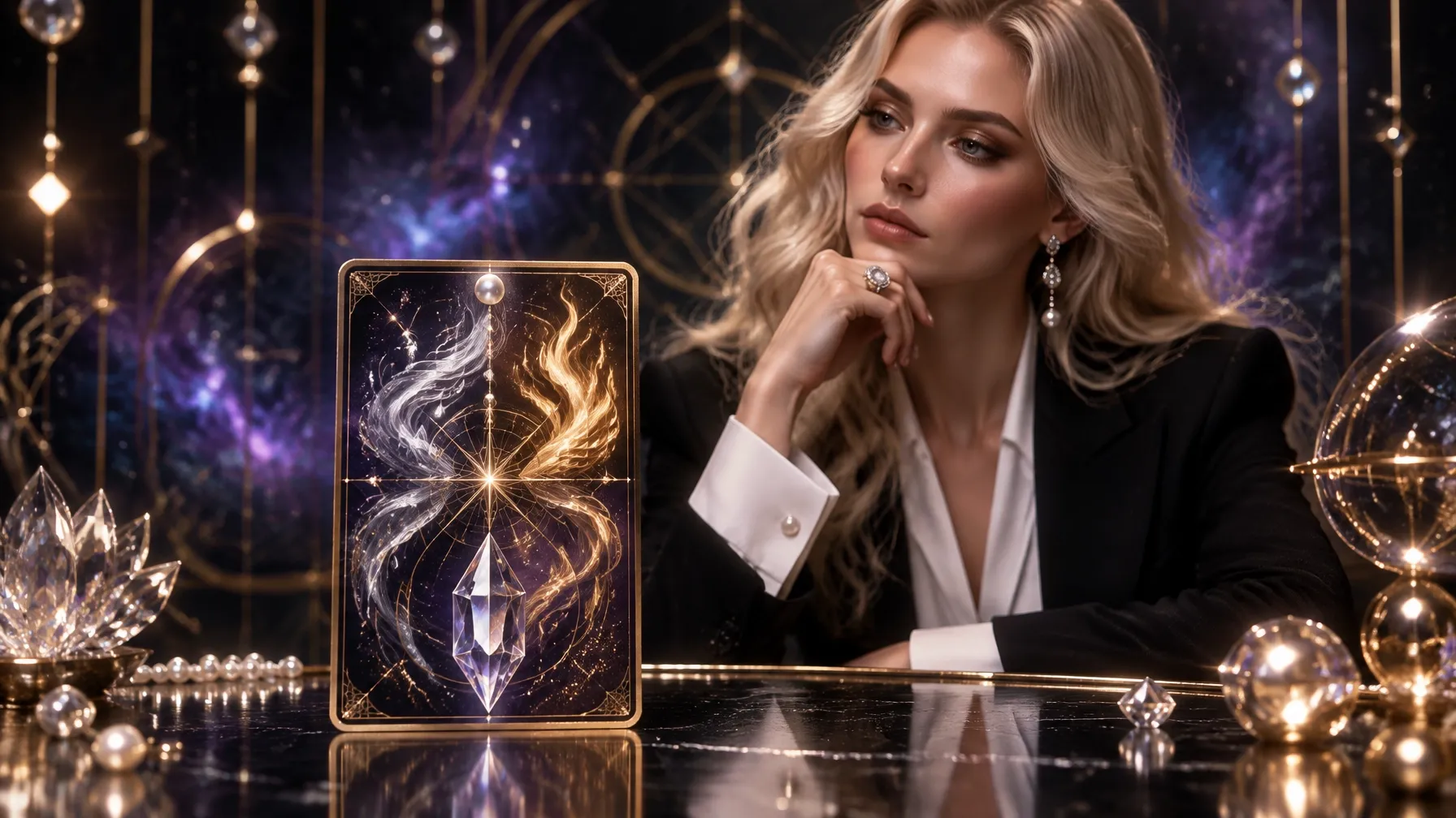 An original oracle-inspired card evokes four symbolic modalities against a dark, gold-geometric background