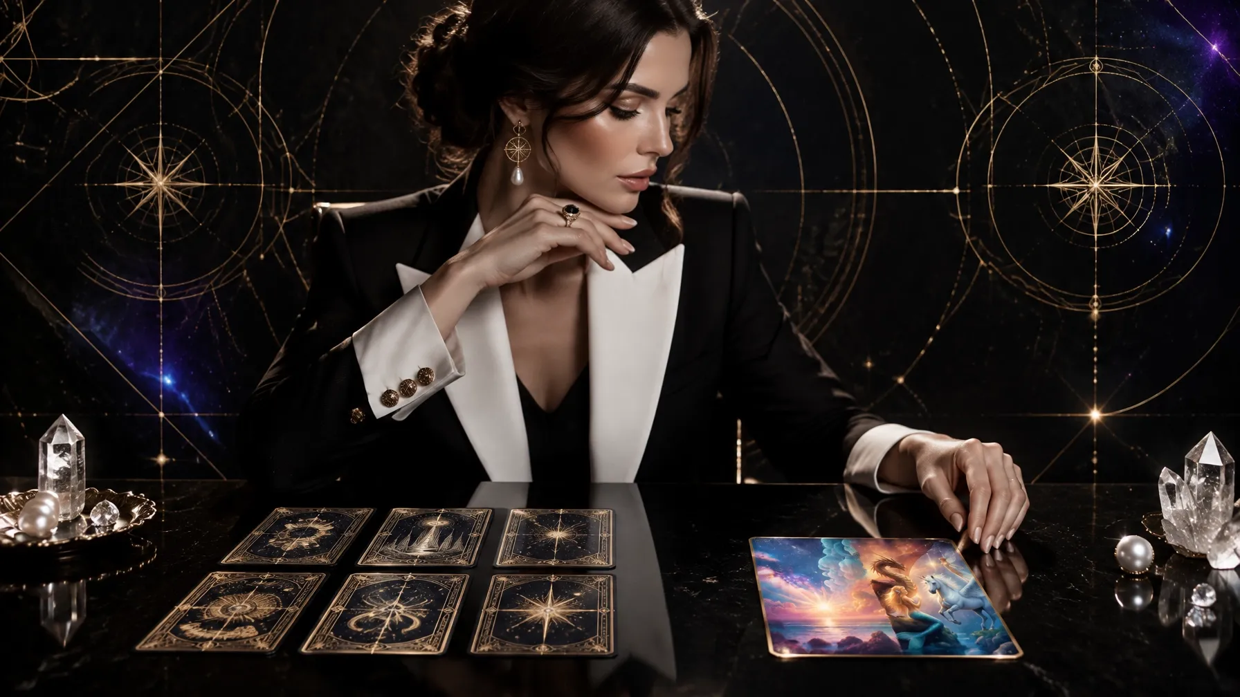 A woman in executive attire considering a tarot spread alongside a single oracle card against a dark gold-geometric backdrop