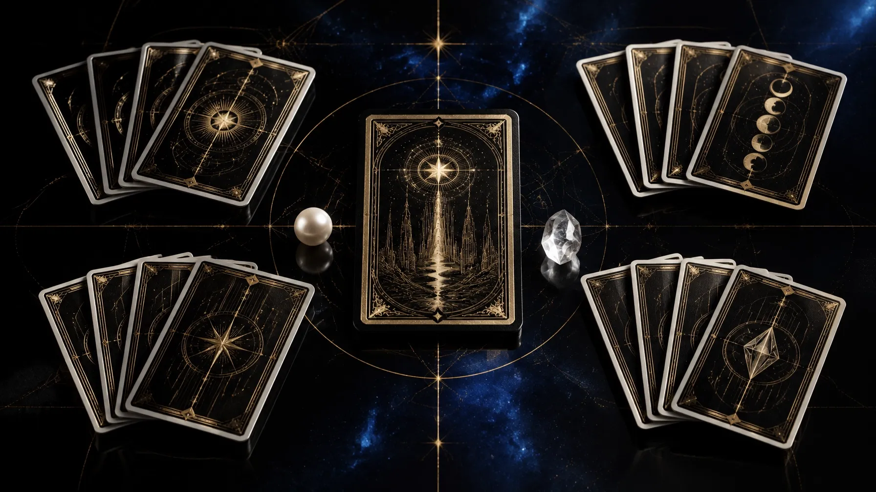 A carefully arranged, tarot-inspired card spread suggests a coherent system, with black, white, and gold details