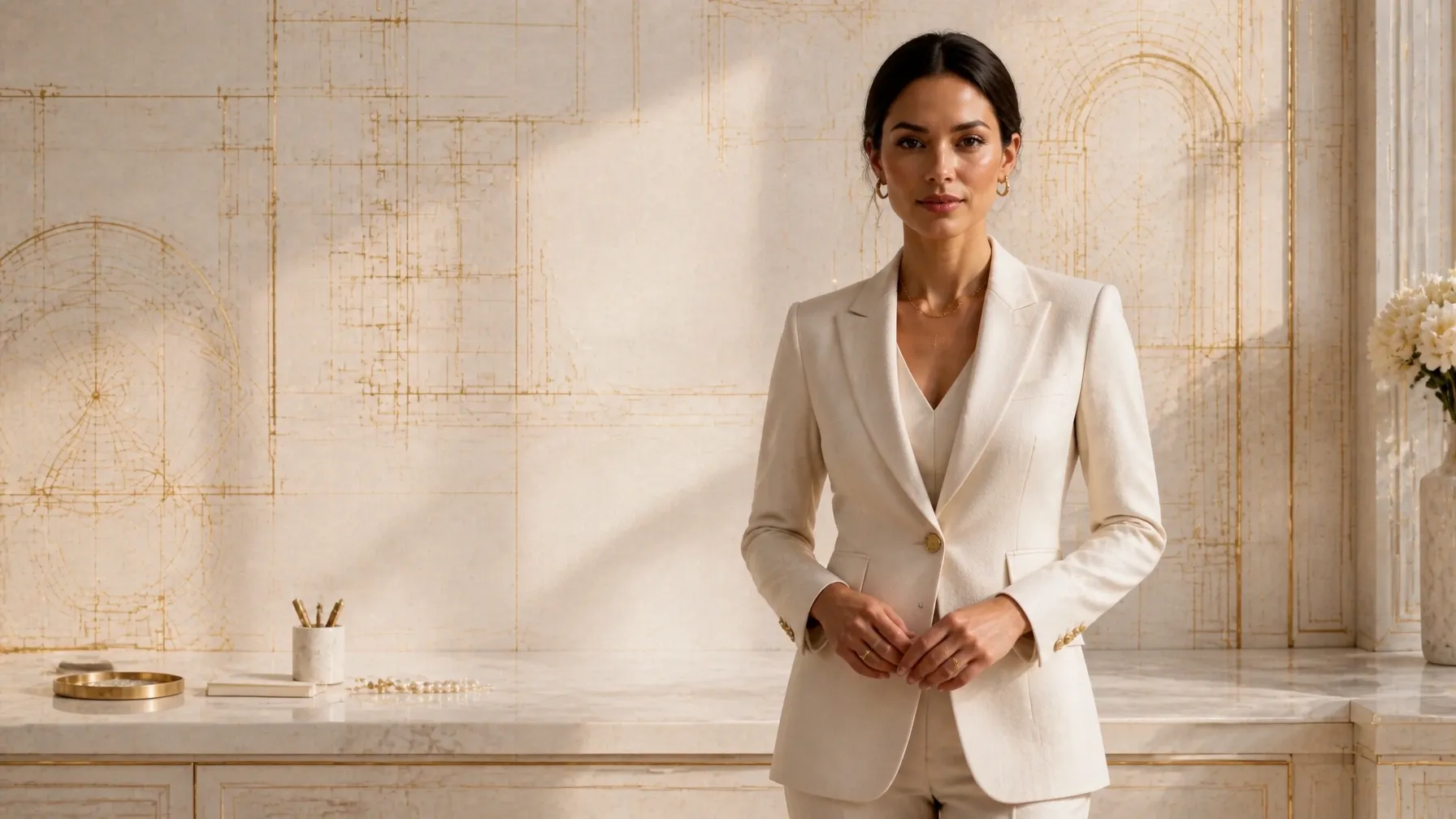 An executive woman in a tailored ivory blazer standing beside a luminous wall of gold architectural schematics