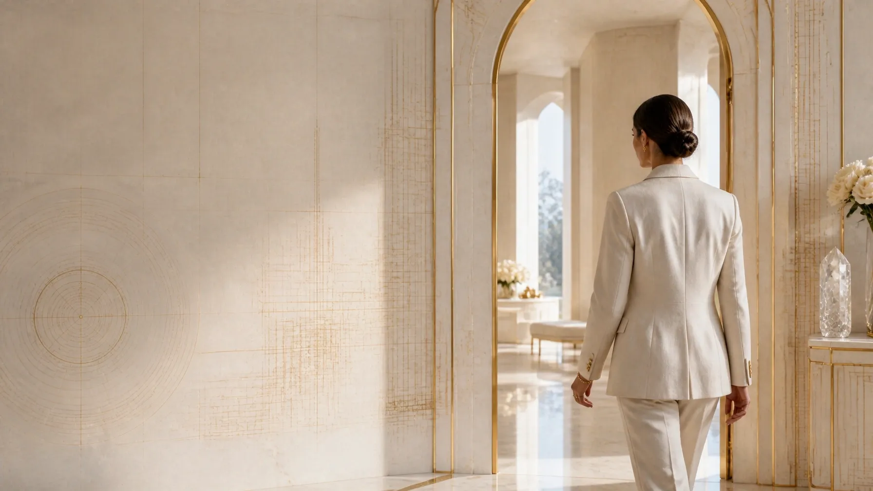 A clean ivory architectural space with a champagne-suited executive woman moving through a gold-lined threshold