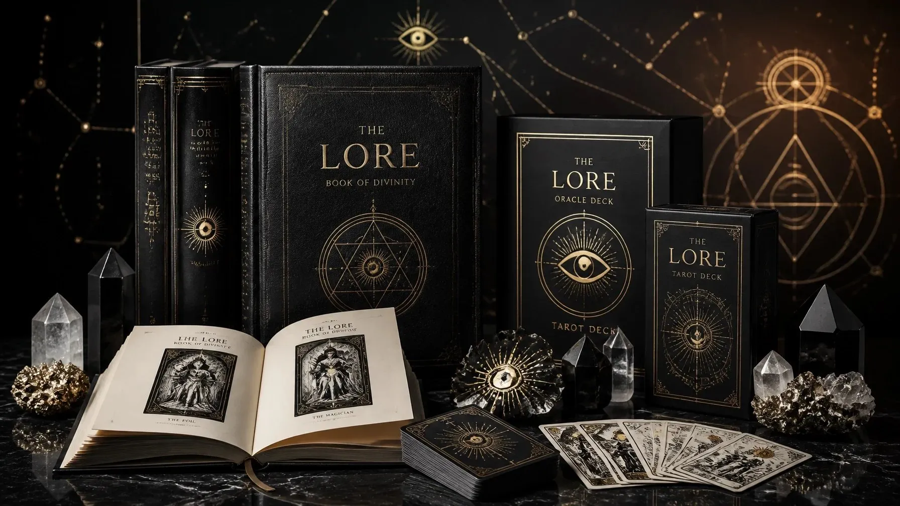 The Lore books, oracle deck, tarot deck, and open illustrated book arranged on black marble
