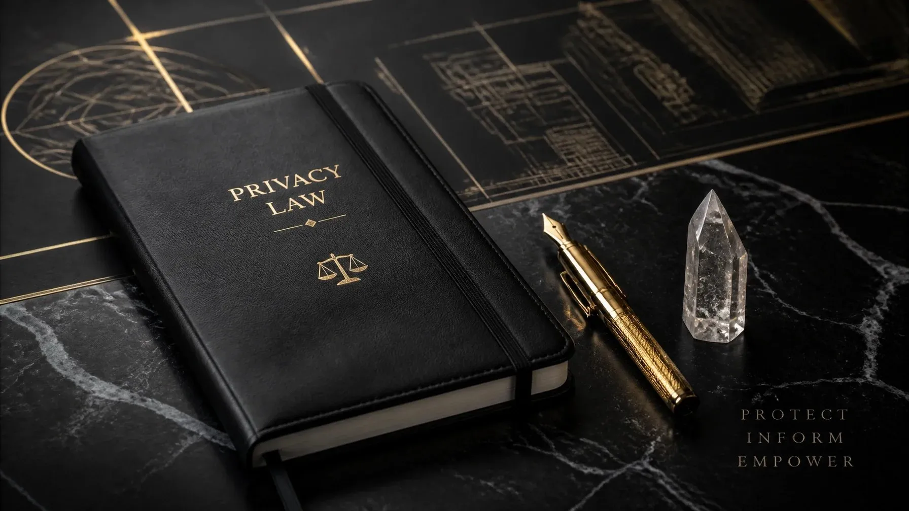 Black privacy law notebook with a gold pen and crystal on a marble surface